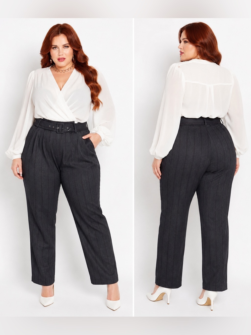 Ashley Stewart Plus Size 22/24 Gray Pinstripe Tapered Dress Pants Belted Stretch